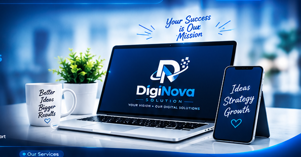 DigiNova workspace with laptop and mobile website